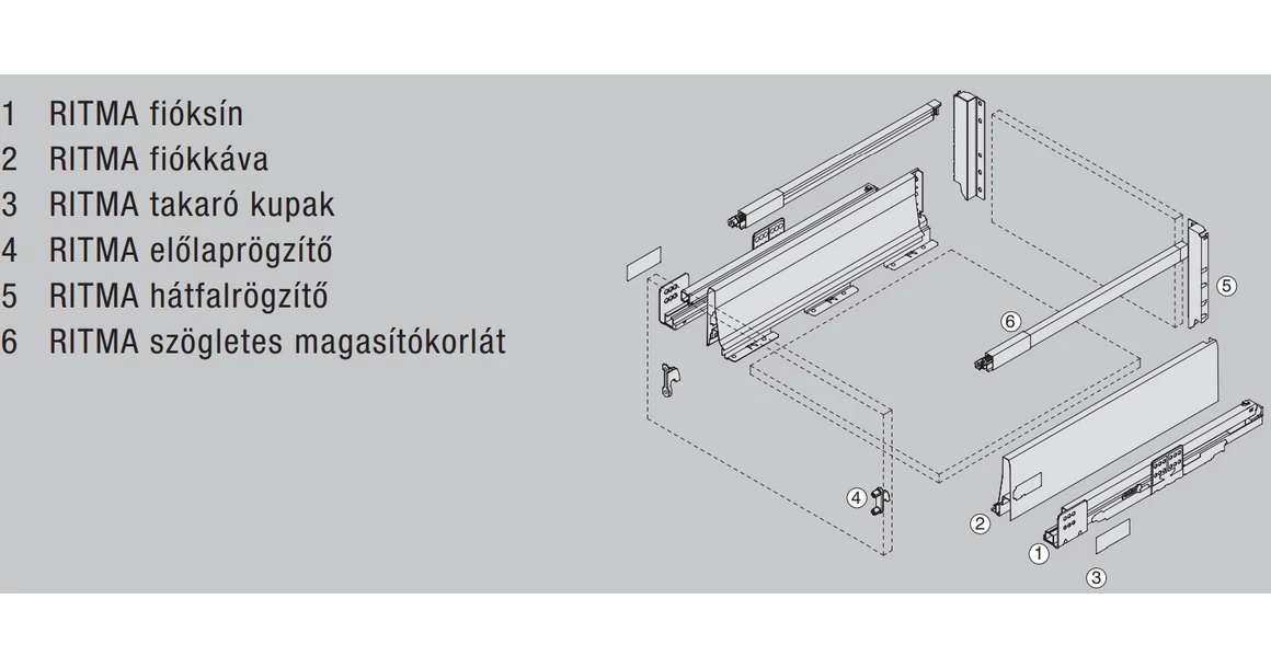 Kép 2/2 - RITMA CUBE felső négyszög korlátos 83 mm magas normál fiók, ólomszürke