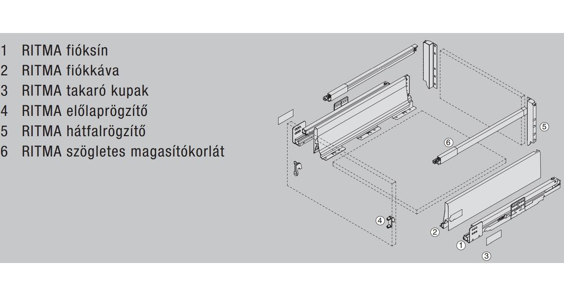 Kép 2/2 - RITMA CUBE felső négyszög korlátos 115 mm magas normál fiók, metál szürke