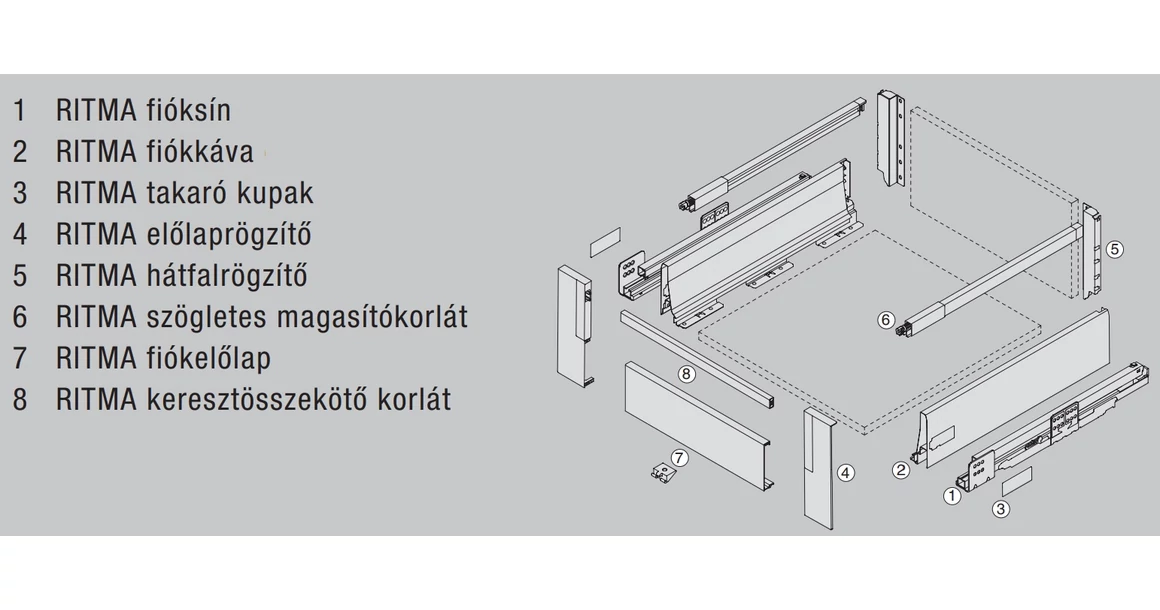 Kép 2/2 - RITMA CUBE felső négyszög korlátos 115 mm magas belső fiók, ólomszürke